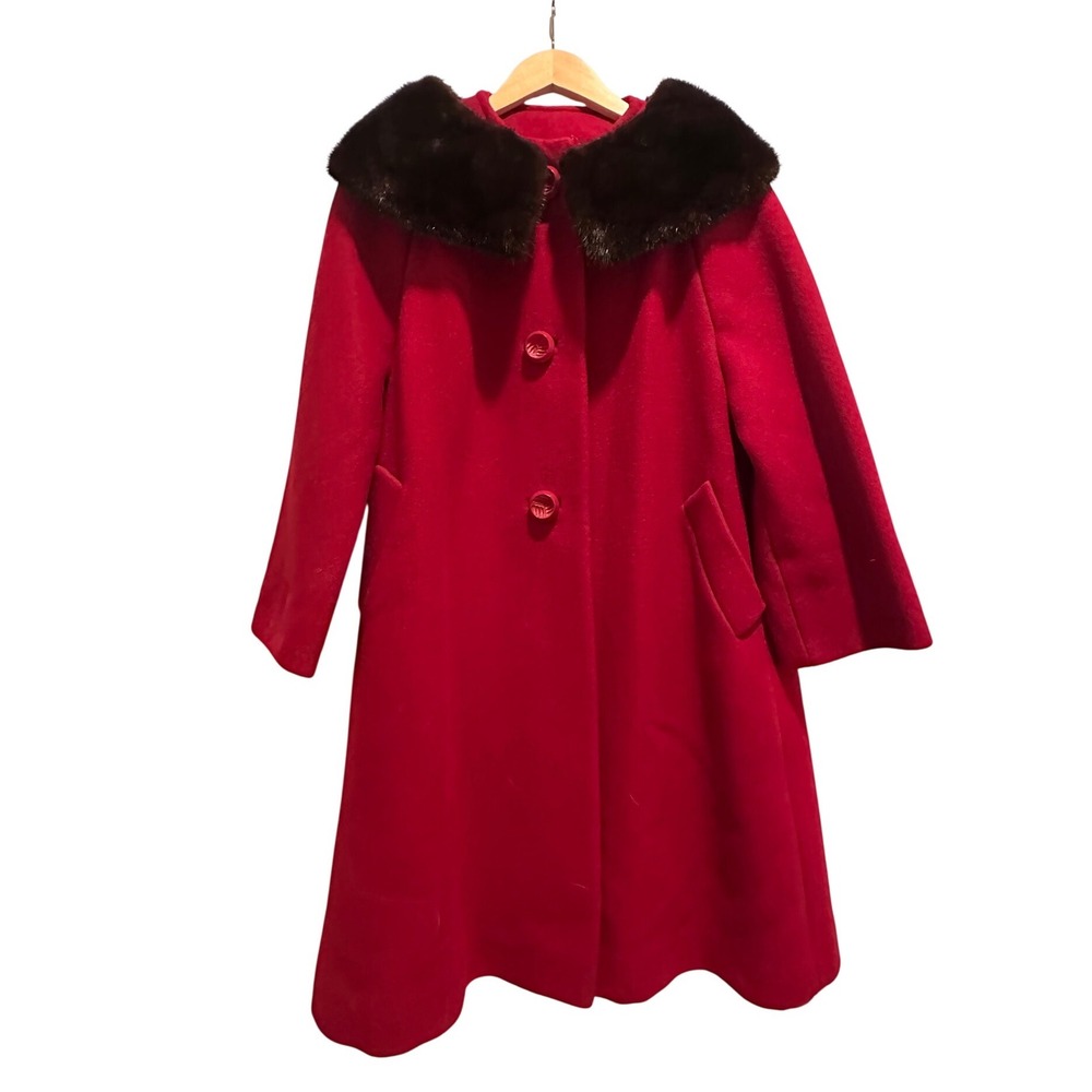 Vintage 60s 70s Betty Rose Red Wool Coat Fur Collar Union Made USA A-Line Swing